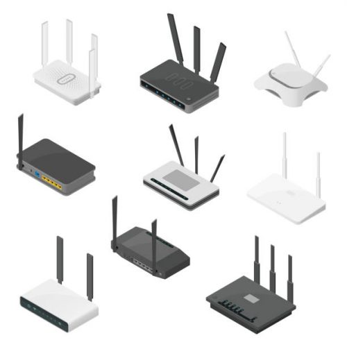 Isometric set of routers. Isometric realistic vector icons isolated on white background. Various models of Internet and wireless equipment